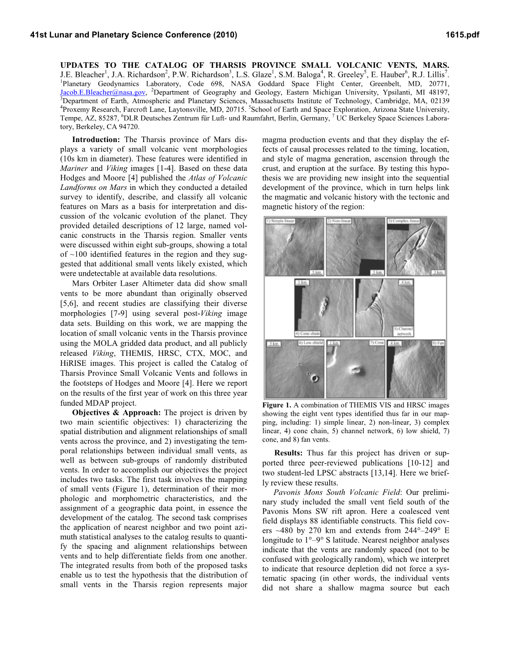 UPDATES to the CATALOG of THARSIS PROVINCE SMALL VOLCANIC VENTS, MARS. J.E. Bleacher1, J.A. Richardson2, P.W. Richardson3, L.S