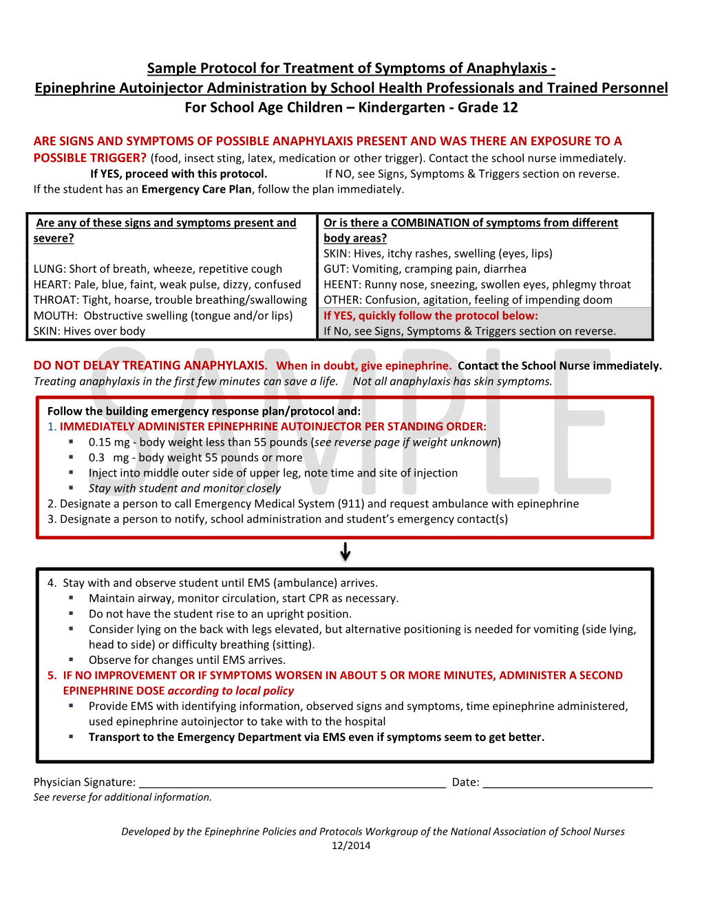 Sample Protocol for Treatment of Symptoms of Anaphylaxis