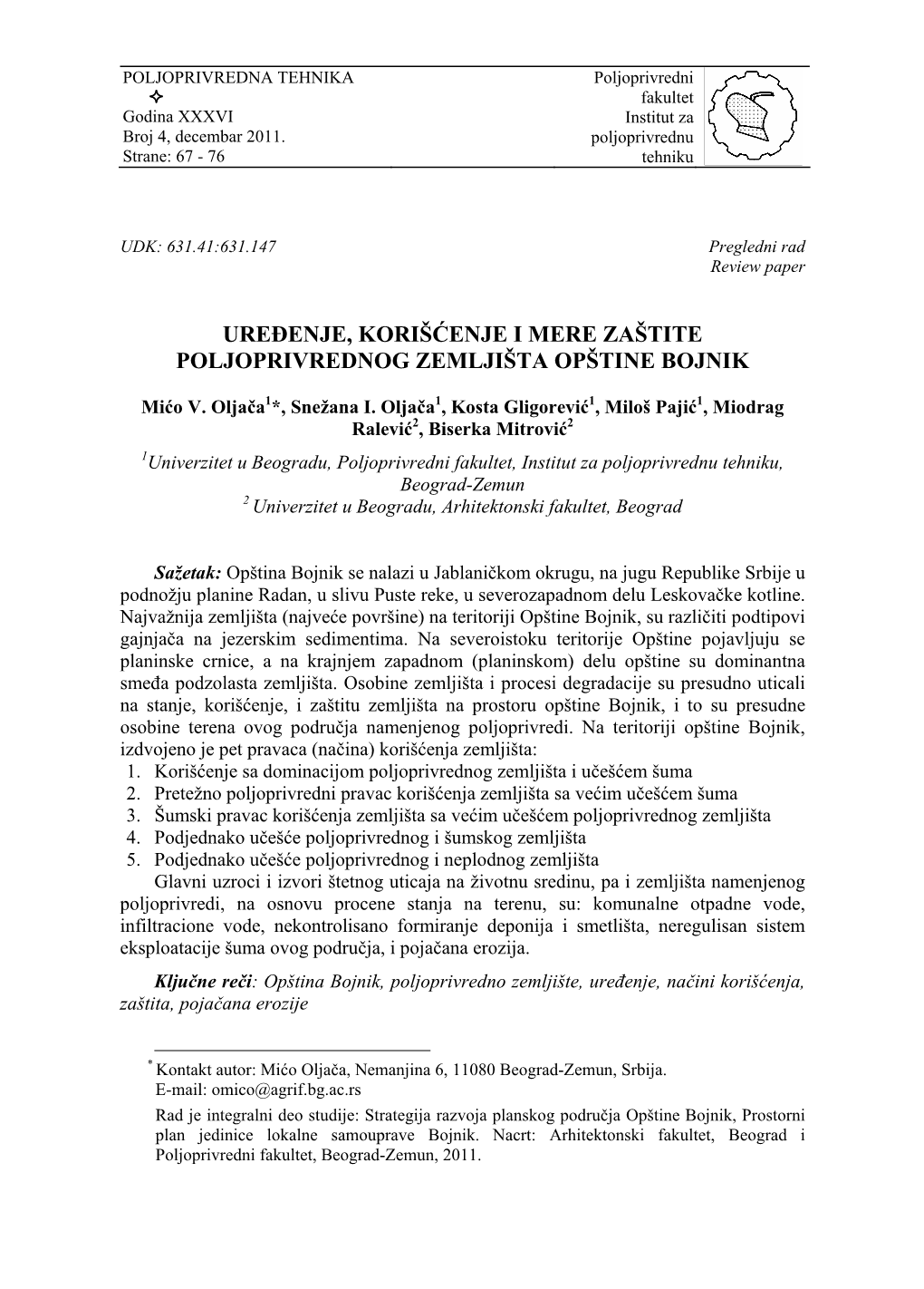 Uređenje, Korišćenje I Mere Zaštite Poljoprivrednog Zemljišta Opštine Bojnik