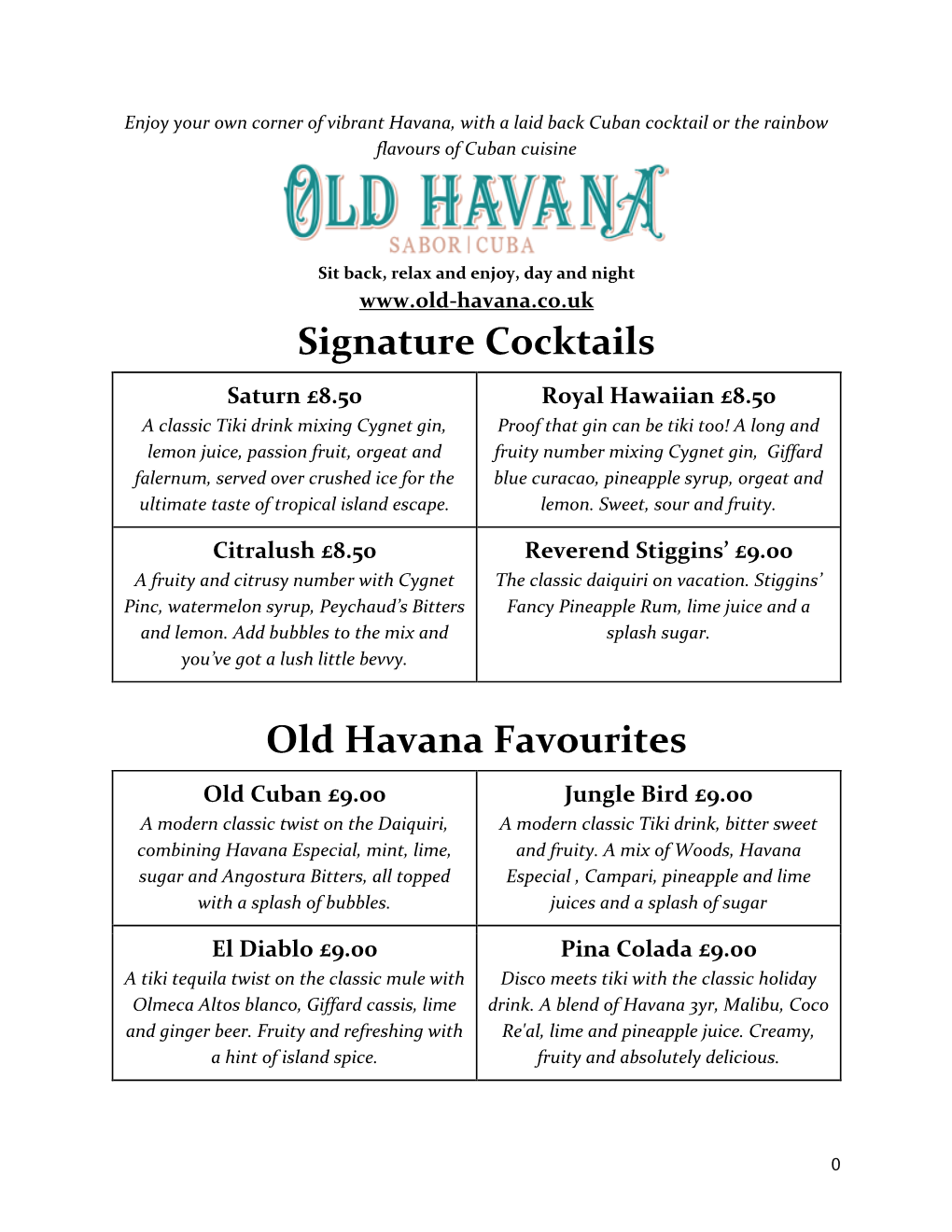 Signature Cocktails Old Havana Favourites