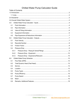 Chilled Water Pump Calculator Guide Table of Contents 1.0 Introduction