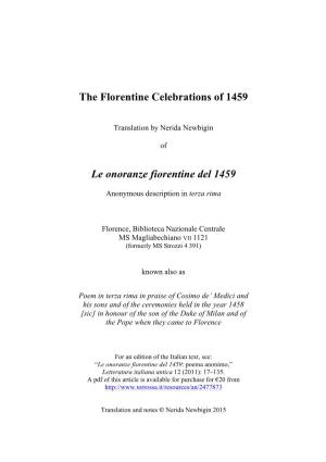 The Florentine Celebrations of 1459 Le Onoranze Fiorentine Del 1459