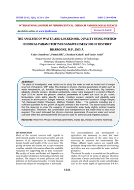 The Analysis of Water and Locked Soil Quality Using Physico- Chemical Parameterts in Sangwi Reservoir of District Khargone, M.P., India
