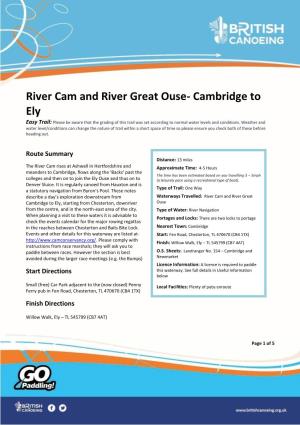 River Cam and River Great Ouse- Cambridge to Ely Easy Trail: Please Be Aware That the Grading of This Trail Was Set According to Normal Water Levels and Conditions
