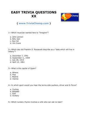 Easy Trivia Questions Xx