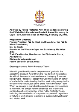 Address by Public Protector Adv. Thuli Madonsela During the FW De Klerk Foundation Goodwill Award Ceremony in Cape Town, Western Cape on Monday, February 01, 2016