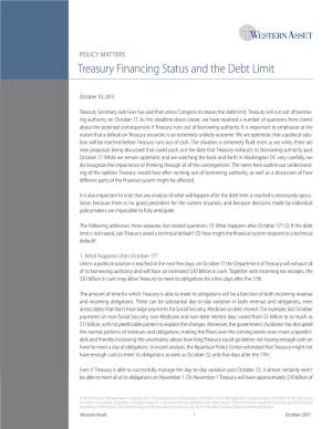 Treasury Financing Status and the Debt Limit