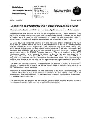 Candidates Short-Listed for UEFA Champions League Awards