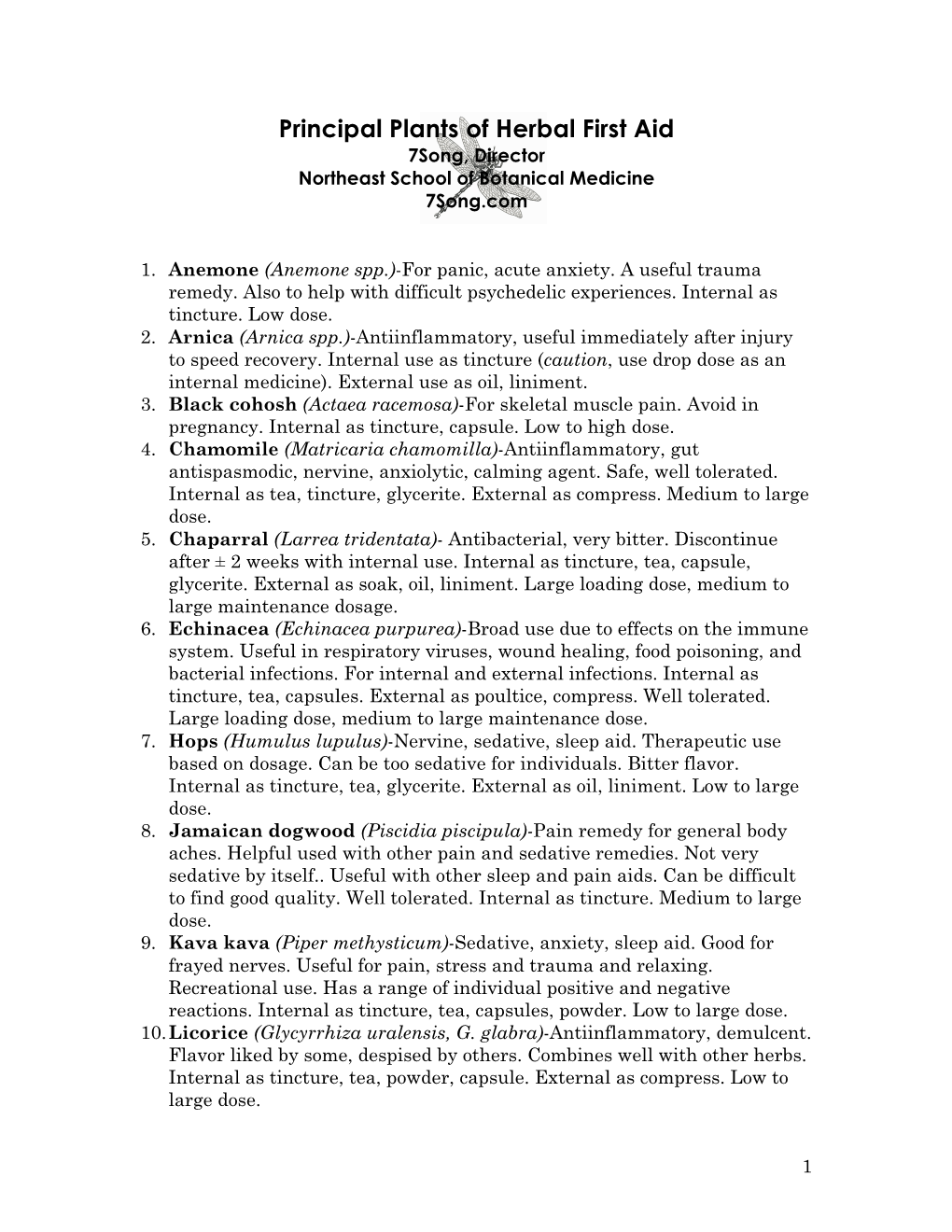 Principal Plants of Herbal First Aid 7Song, Director Northeast School of Botanical Medicine 7Song.Com