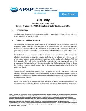 Alkalinity Revised – October 2014 Brought to You by the APSP Recreational Water Quality Committee