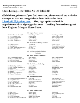 Class Listing—ENTRIES AS of 7/12/2021 (Exhibitors, Please—If You Find an Error, Please E-Mail Me with the Changes So That We Can Get Them Done Before the Show