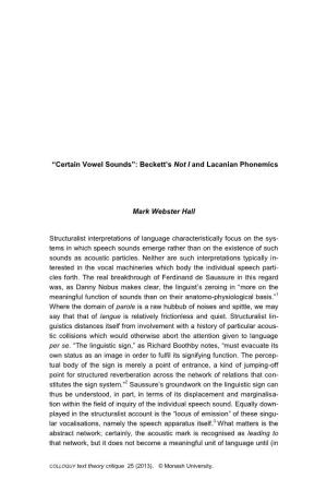 “Certain Vowel Sounds”: Beckett's Not I and Lacanian Phonemics Mark Webster Hall Structuralist Interpretations of Language
