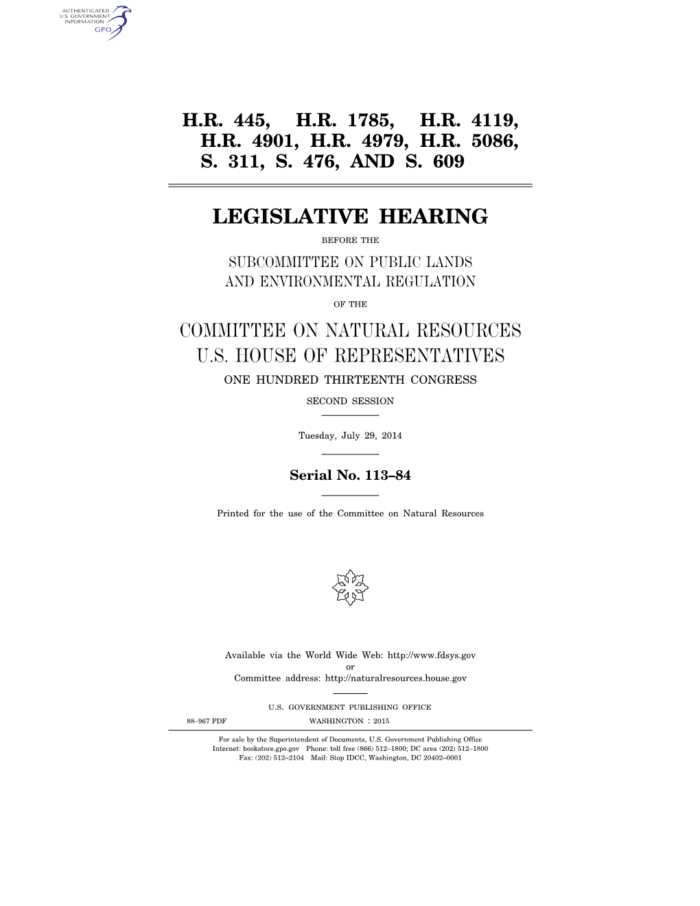 Legislative Hearing Committee on Natural Resources U.S