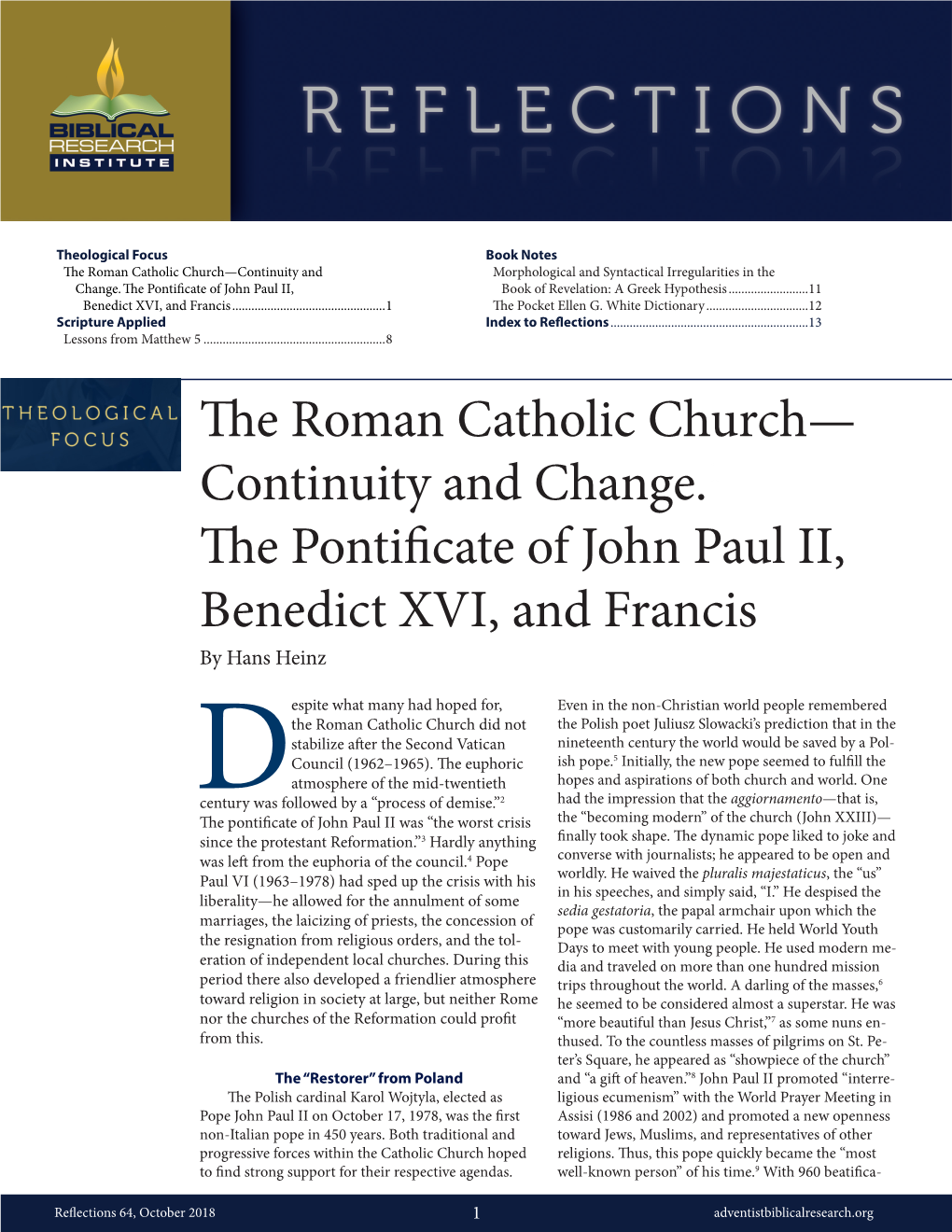 The Roman Catholic Church— Continuity and Change.1 the Pontificate of John Paul II, Benedict XVI, and Francis by Hans Heinz