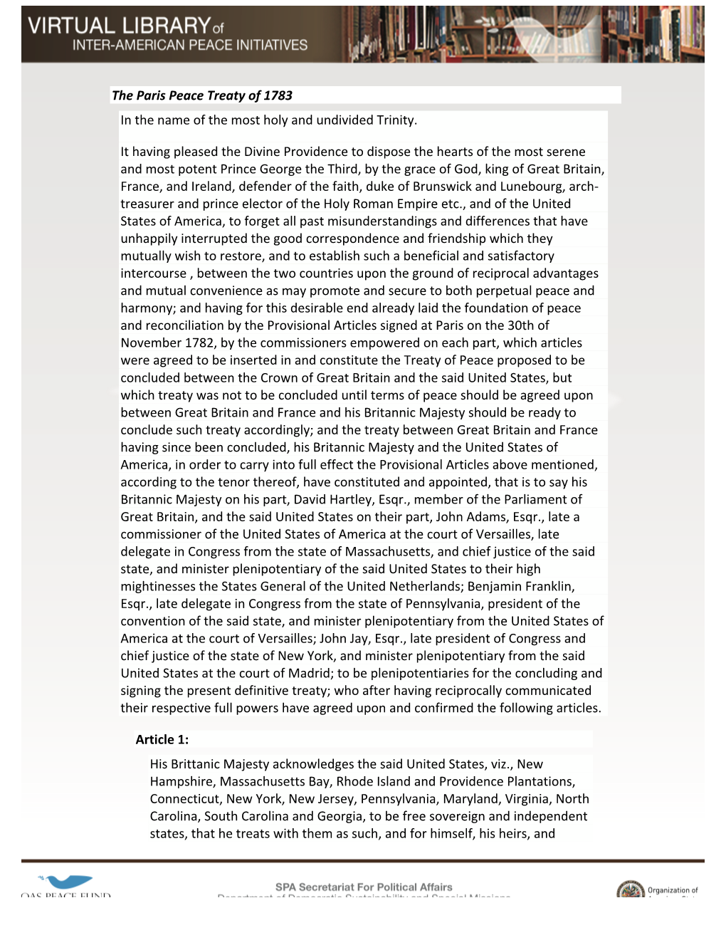 The Paris Peace Treaty of 1783 in the Name of the Most Holy and Undivided Trinity