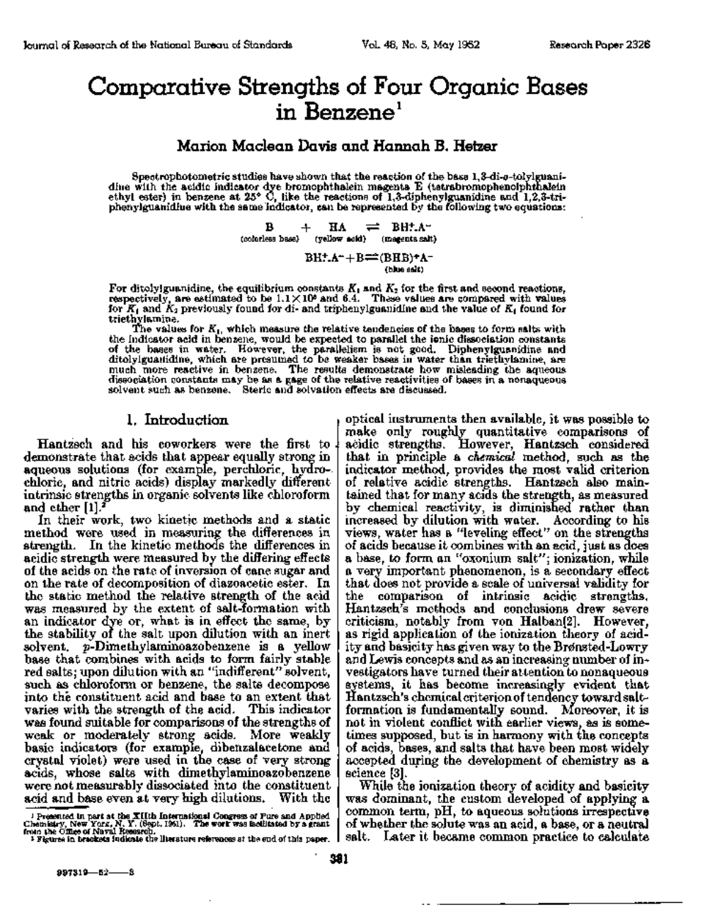 Comparative Strengths of Four Organic Bases in Benzene1 Marion Maclean Davis and Hannah B