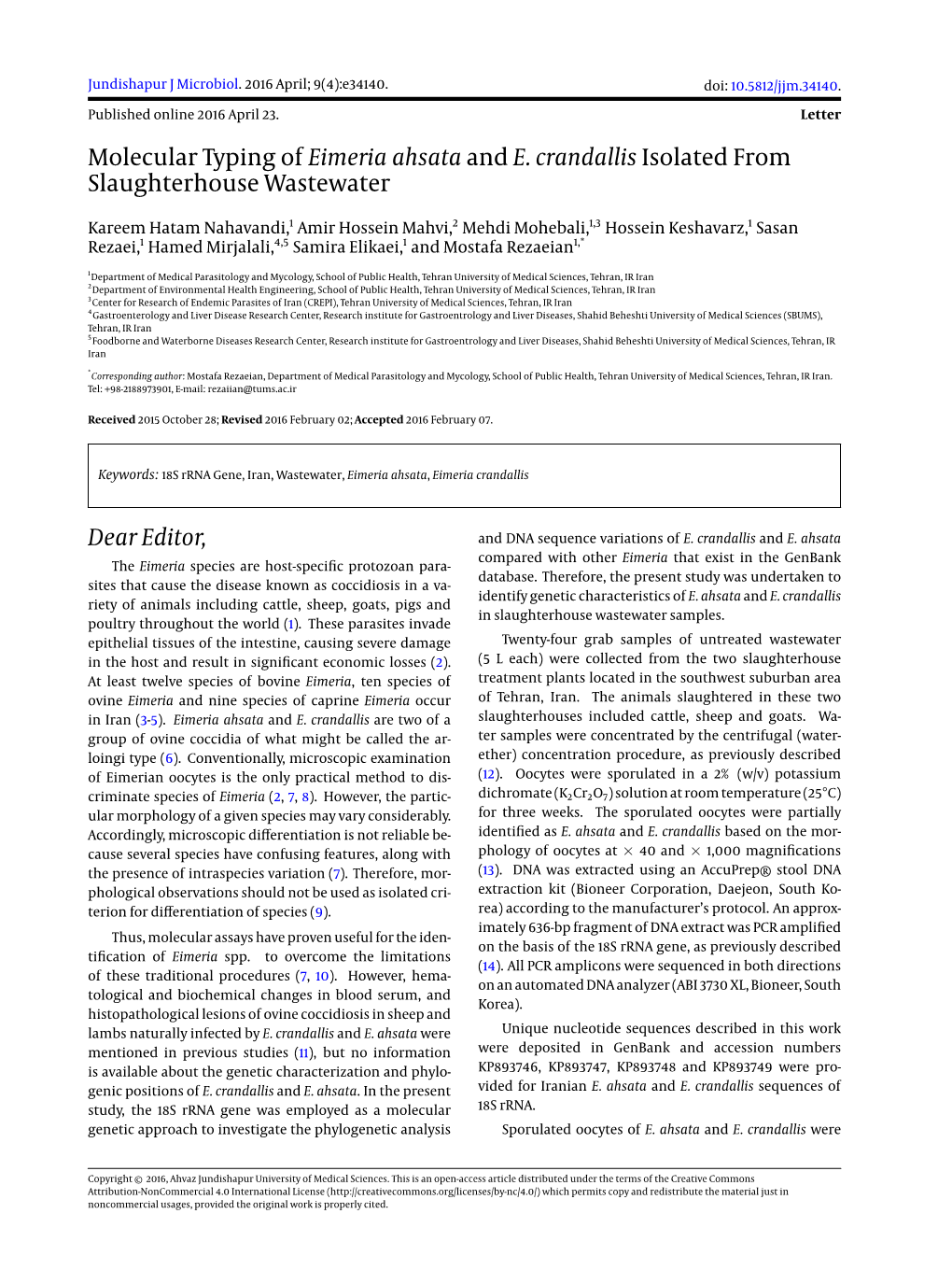 Molecular Typing of Eimeria Ahsata and E. Crandallis Isolated from Slaughterhouse Wastewater