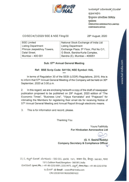 28Th August, 2020 BSE Limited National Stock Exchange of India Ltd Listing Department Listing Department Phiroze Jeejeebhoy Towe