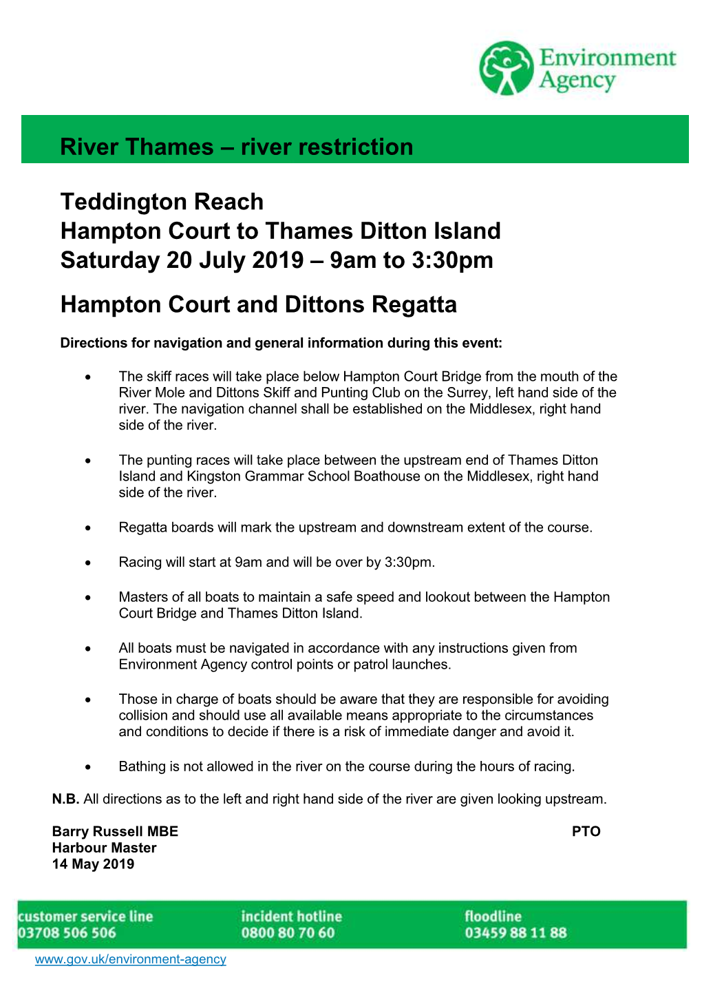 Teddington Reach Hampton Court to Thames Ditton Island Saturday 20 July 2019 – 9Am to 3:30Pm