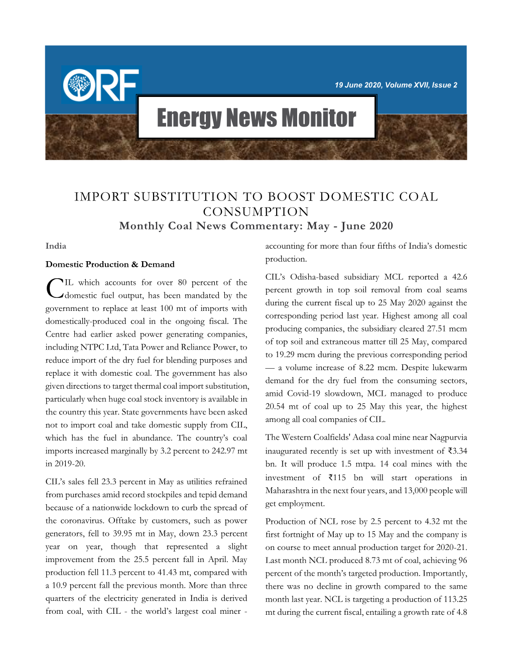 IMPORT SUBSTITUTION to BOOST DOMESTIC COAL CONSUMPTION Monthly Coal News Commentary: May - June 2020