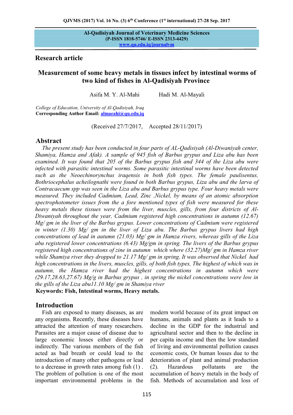 Research Article Measurement of Some Heavy Metals in Tissues Infect