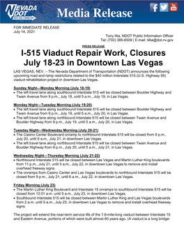 I-515 Viaduct Repair Work, Closures July 18-23 in Downtown Las Vegas