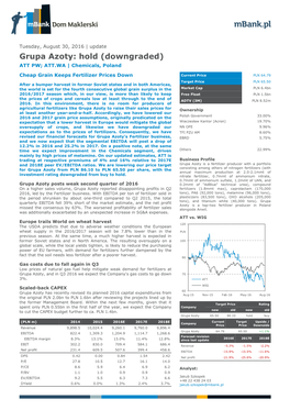 Grupa Azoty: Hold (Downgraded) ATT PW; ATT.WA | Chemicals, Poland