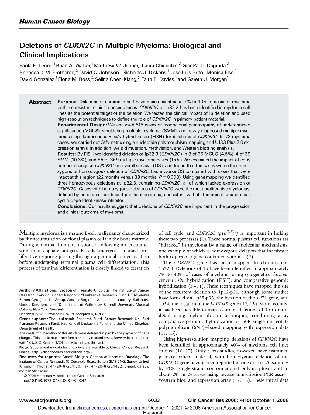 Deletions of CDKN2C in Multiple Myeloma: Biological and Clinical Implications Paola E