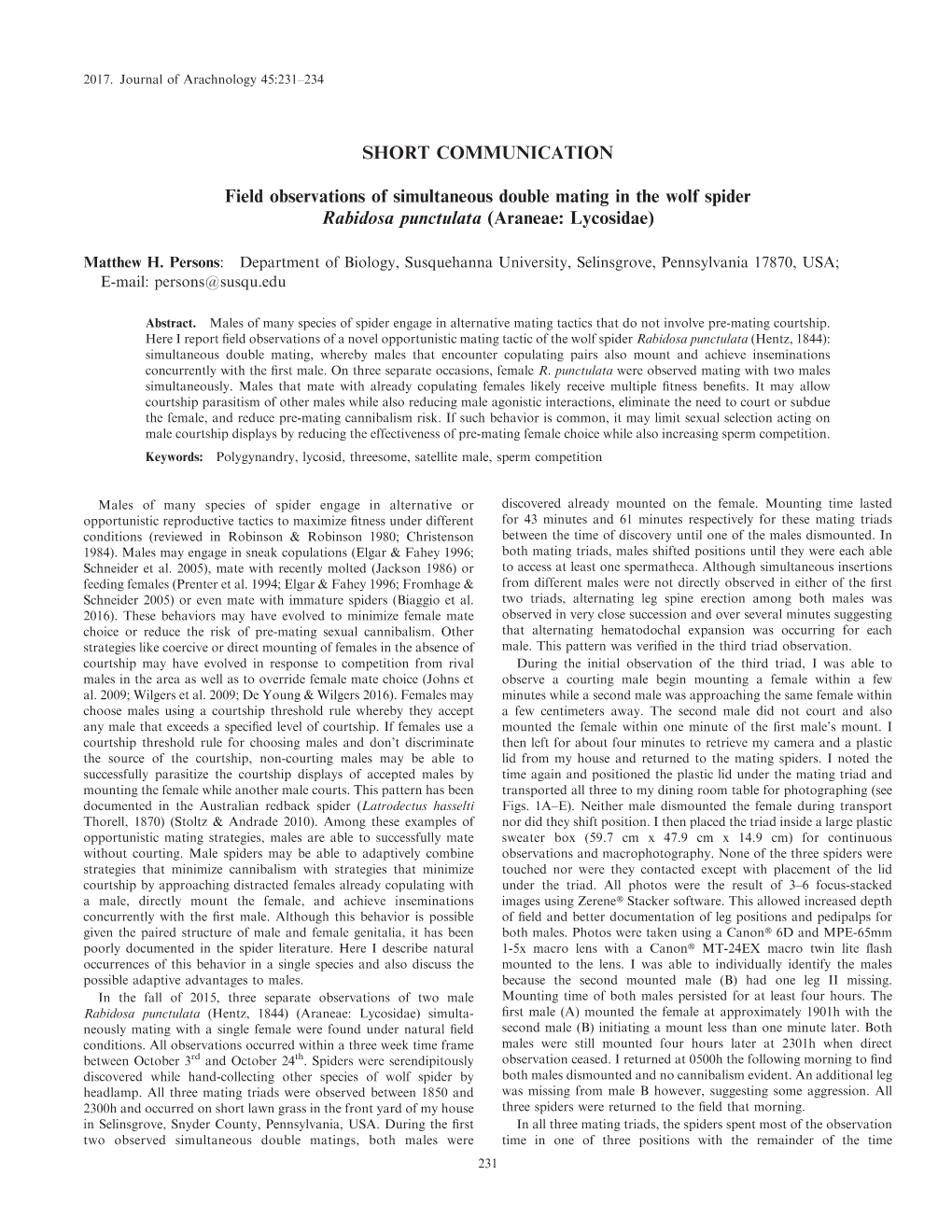 SHORT COMMUNICATION Field Observations of Simultaneous Double Mating in the Wolf Spider Rabidosa Punctulata (Araneae: Lycosidae)