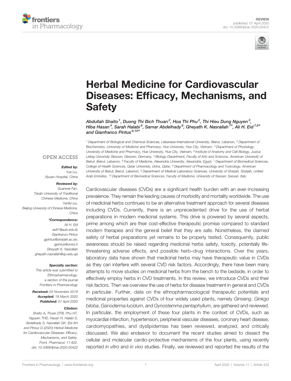 Herbal Medicine for Cardiovascular Diseases: Efﬁcacy, Mechanisms, and Safety