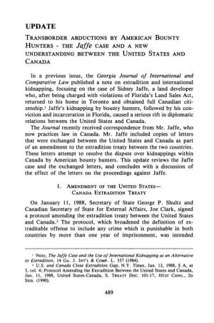 TRANSBORDER ABDUCTIONS by AMERICAN BOUNTY HUNTERS - the Jaffe CASE and a NEW UNDERSTANDING BETWEEN the UNITED STATES and CANADA