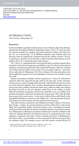 INTRODUCTION the First Part of King Henry IV