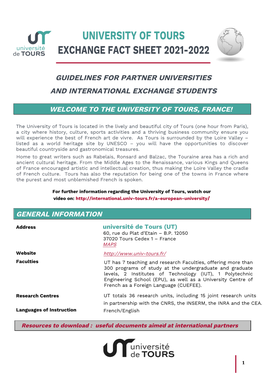 University of Tours Exchange Fact Sheet 2021-2022