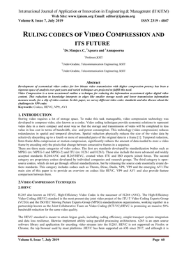 RULING CODECS of VIDEO COMPRESSION and ITS FUTURE 1Dr.Manju.V.C, 2Apsara and 3Annapoorna