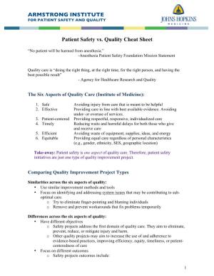 ARMSTRONG INSTITUTE Patient Safety Vs. Quality Cheat Sheet