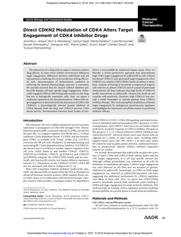 Direct CDKN2 Modulation of CDK4 Alters Target Engagement of CDK4 Inhibitor Drugs Jennifer L