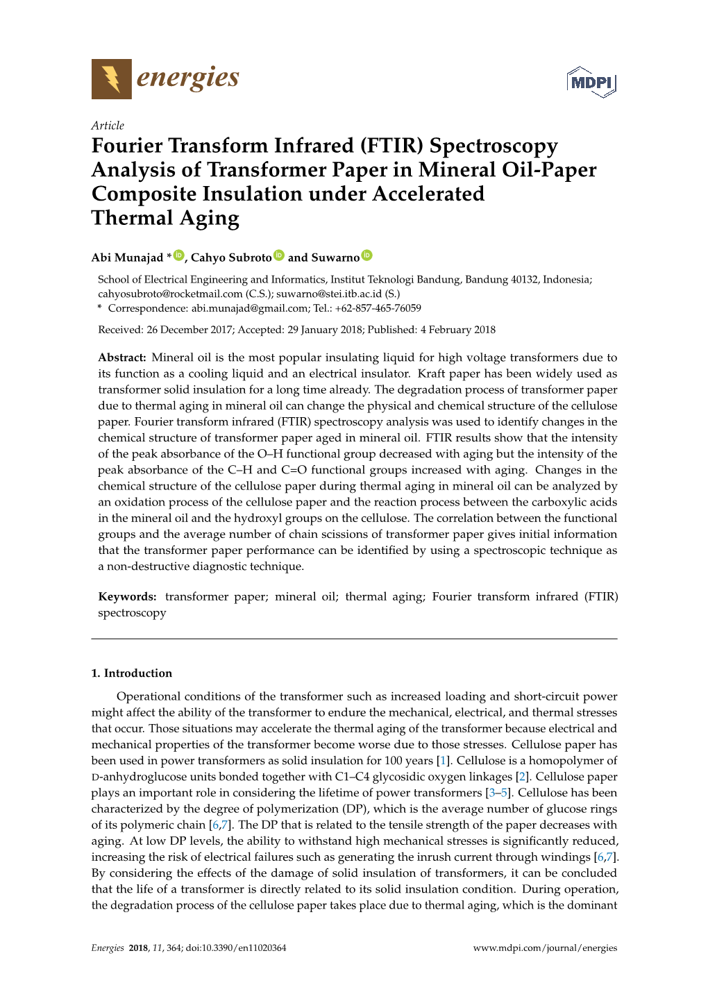 Fourier Transform Infrared (FTIR) Spectroscopy Analysis of Transformer Paper in Mineral Oil-Paper Composite Insulation Under Accelerated Thermal Aging