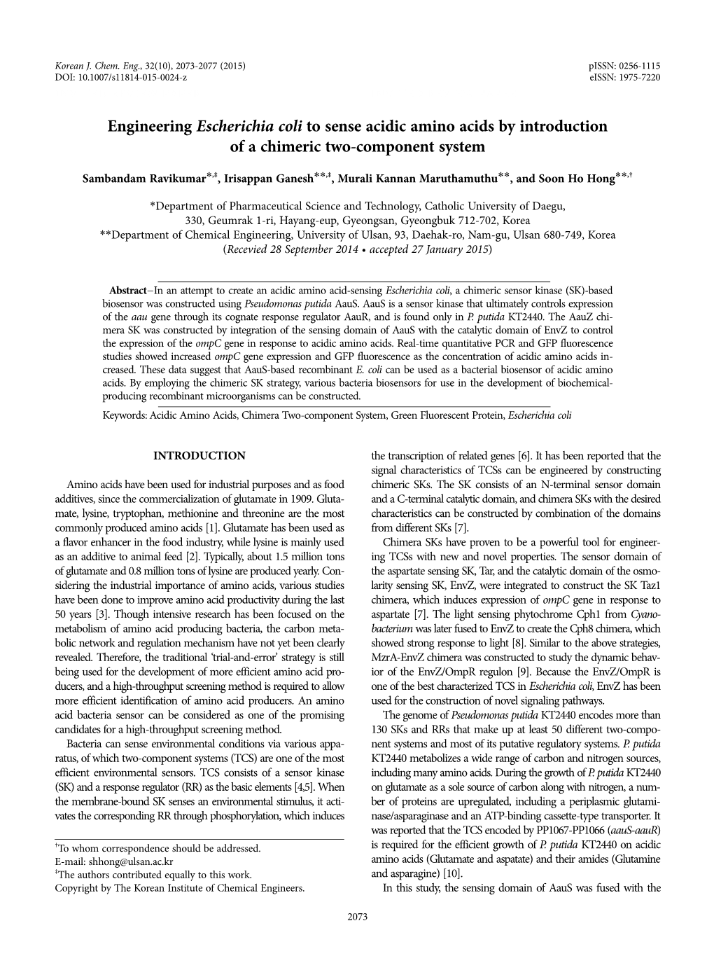 Engineering Escherichia Coli to Sense Acidic Amino Acids by Introduction of a Chimeric Two-Component System