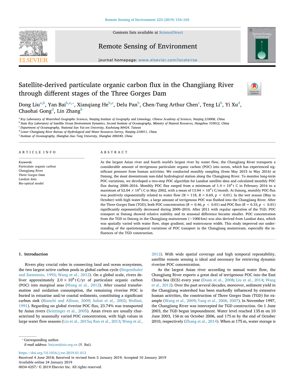 Satellite-Derived Particulate Organic Carbon Flux in the Changjiang River Through Different Stages of the Three Gorges