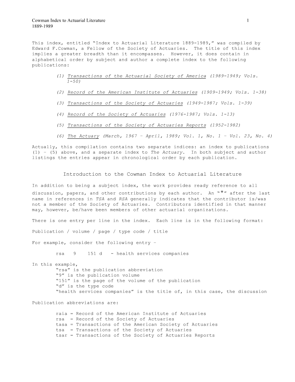 Cowman Index to Actuarial Literature 1889-1989 1