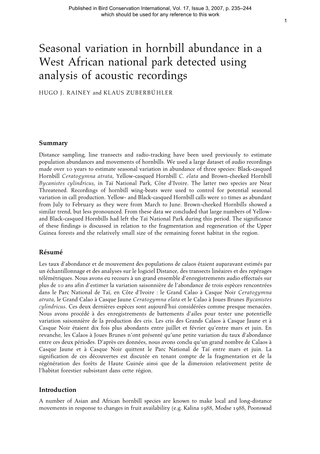 Seasonal Variation in Hornbill Abundance in a West African National Park Detected Using Analysis of Acoustic Recordings