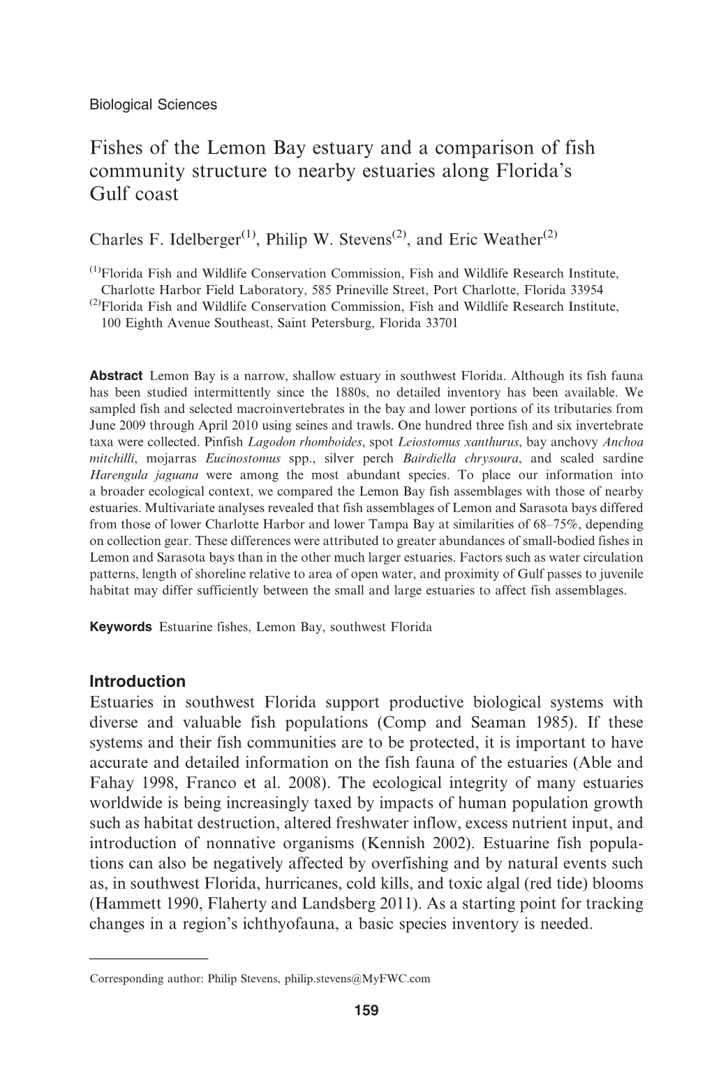 Fishes of the Lemon Bay Estuary and a Comparison of Fish Community Structure to Nearby Estuaries Along Florida’S Gulf Coast