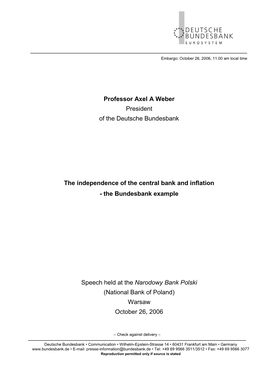 The Independence of the Central Bank and Inflation - the Bundesbank Example