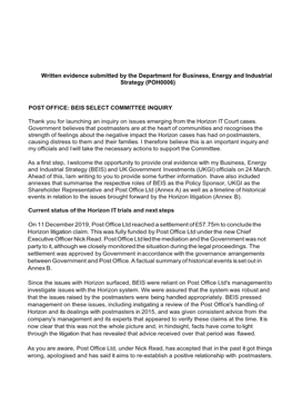Written Evidence Submitted by the Department for Business, Energy and Industrial Strategy (POH0006)