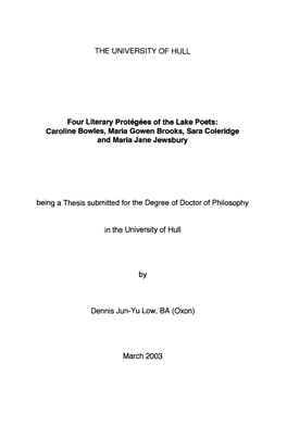 THE UNIVERSITY of HULL Four Literary Protegees of the Lake