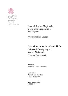 La Valutazione in Sede Di IPO: Internet Company E Social Network