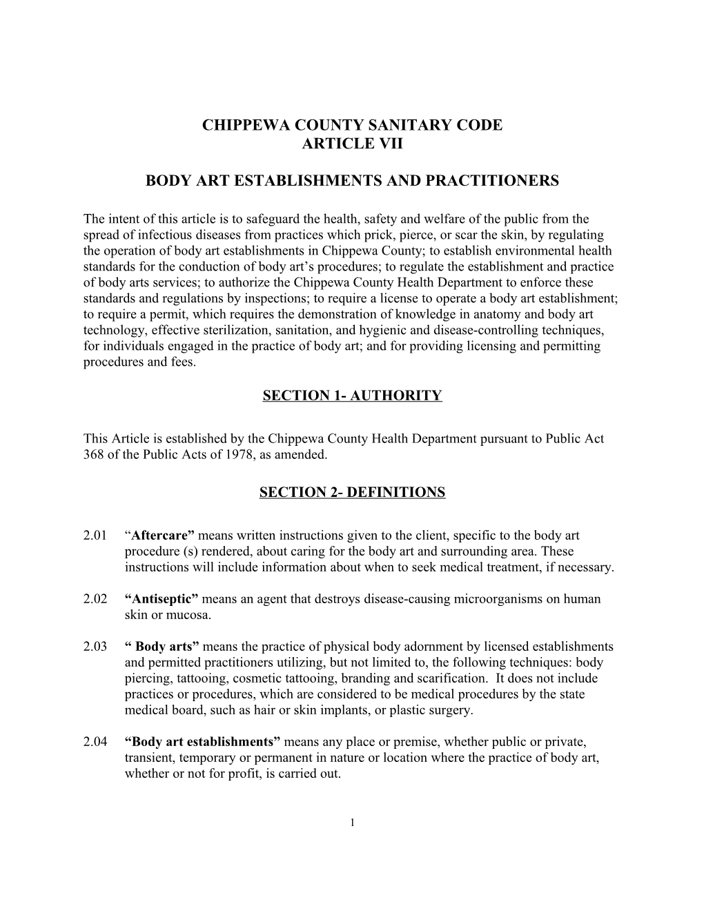 Chippewa County Sanitary Code