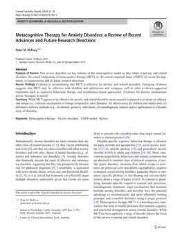 Metacognitive Therapy for Anxiety Disorders: a Review of Recent Advances and Future Research Directions