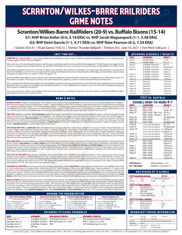 Scranton/Wilkes-Barre Railriders Game Notes Scranton/Wilkes-Barre Railriders (20-9) Vs