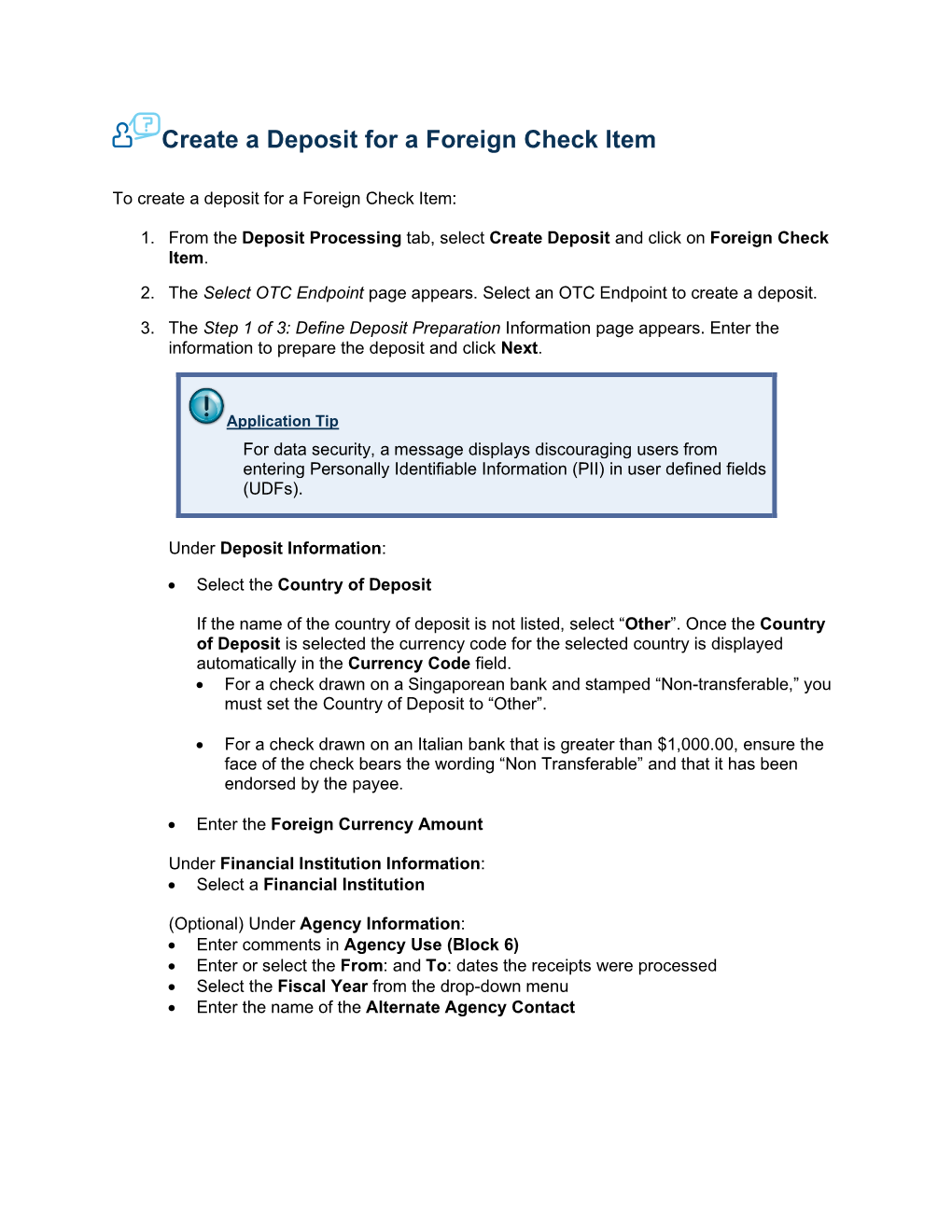 Create a Deposit for a Foreign Check Item